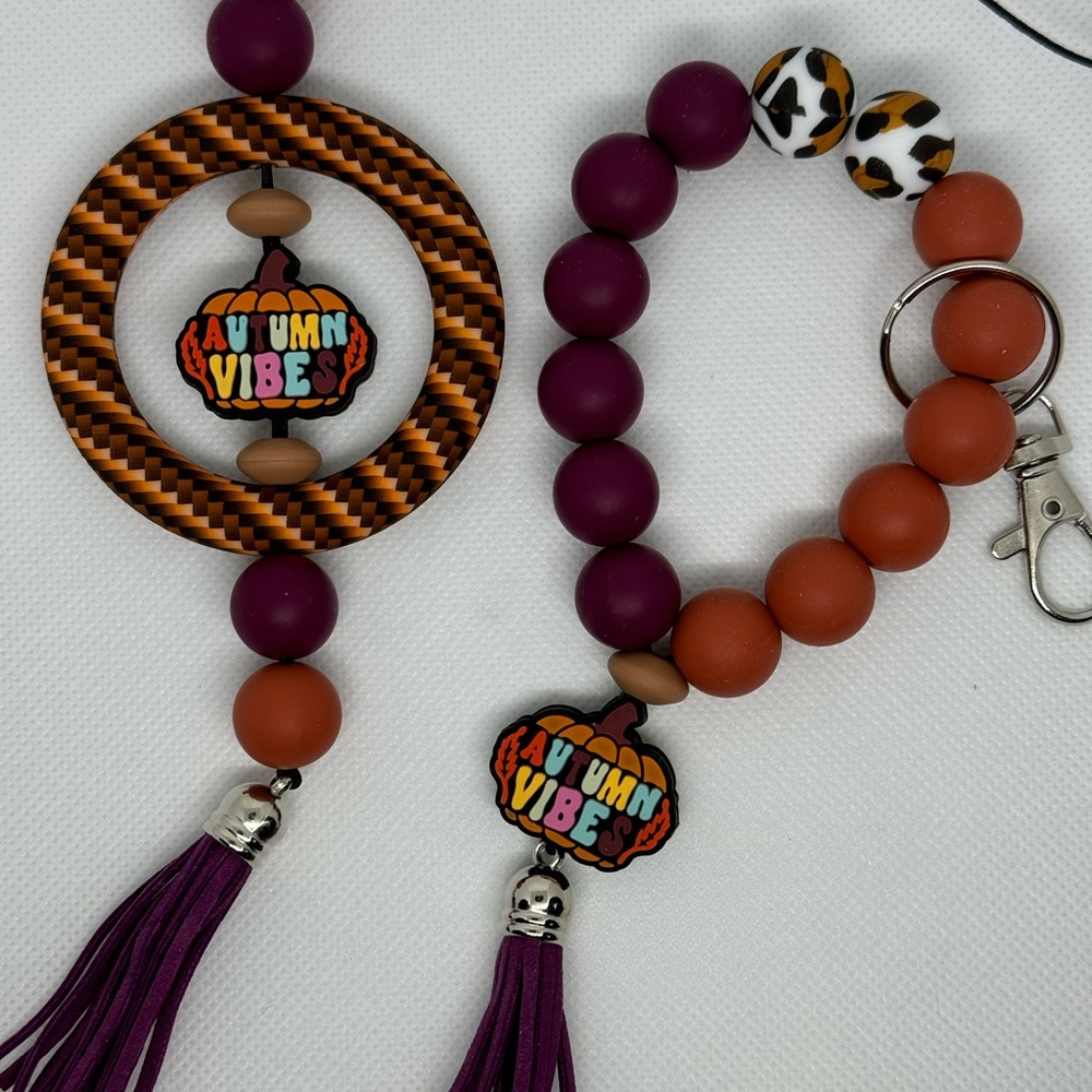 Autumn Vibes Beaded Keychain with Coordinating Car Charm